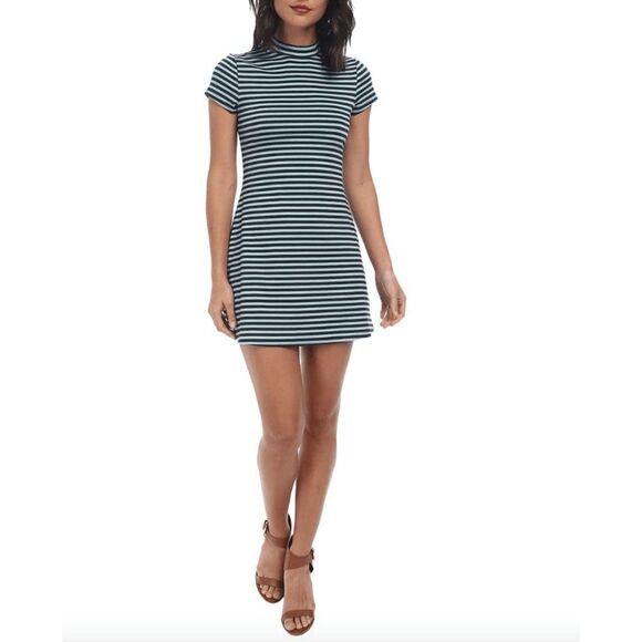 Free People Beach Turquoise Blue Striped ON THE LINE Ponte Dress Sz Medium - Picture 1 of 8